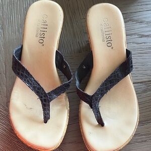 Callisto Black Snake-Texture Thong Sandals with Tan Footbed